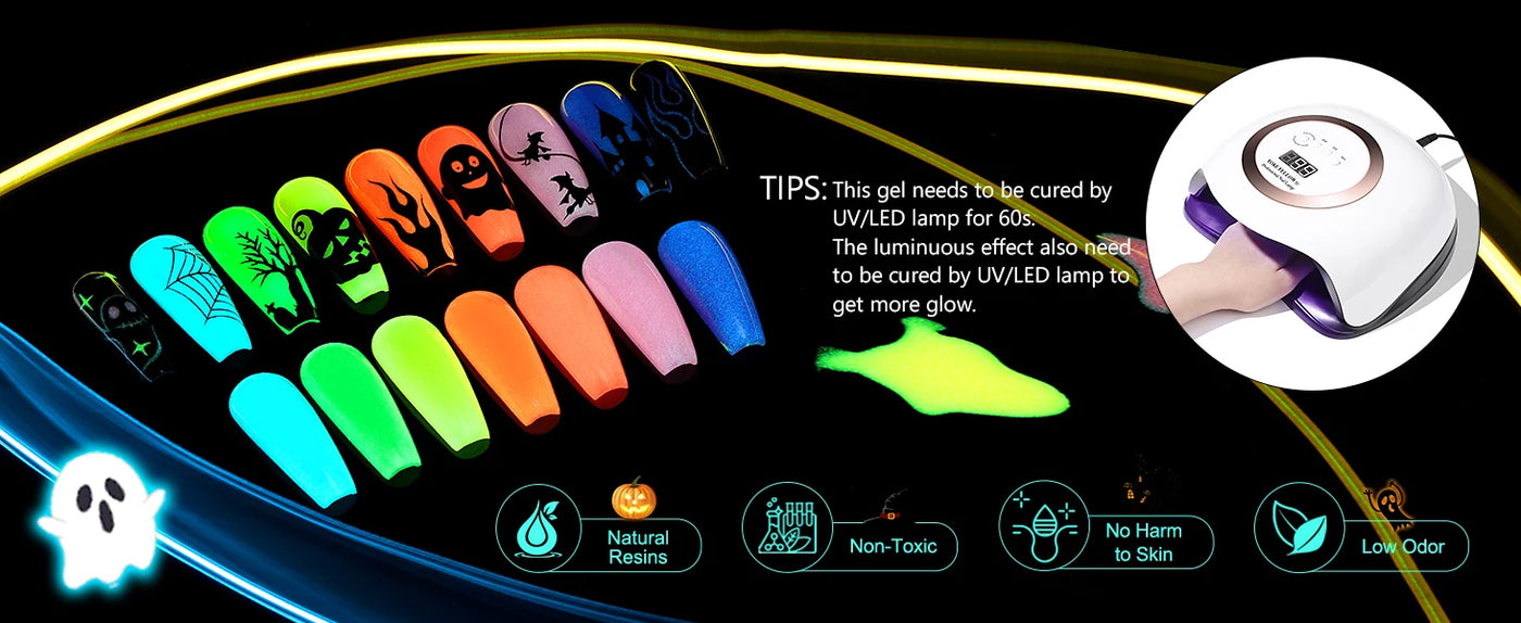 YOKEFELLOW Glow in the Dark Gel Nail Polish 10ML Fluorescent Neon Blue Glow UV Gel Polish Nail Art for Halloween Women Girls